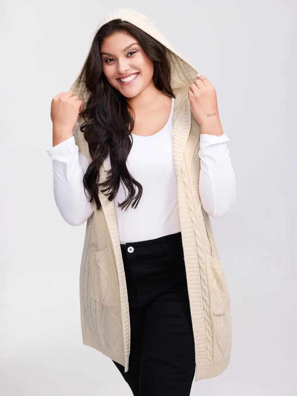 Twisted Hooded Sleeveless Knit Cardigan