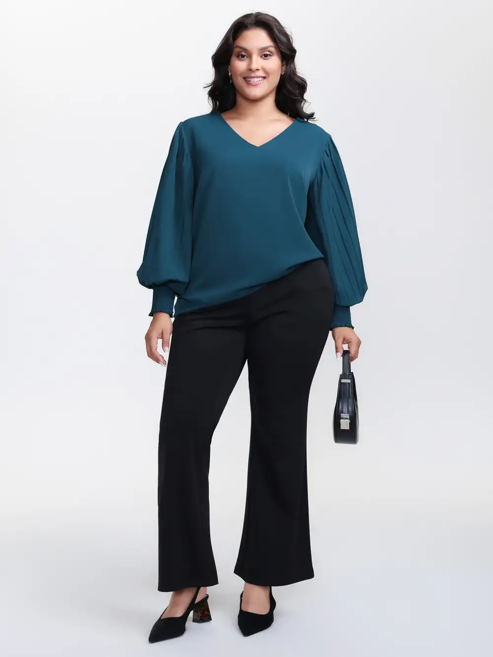 Shirred Cuffs Pleated Sleeve Blouse