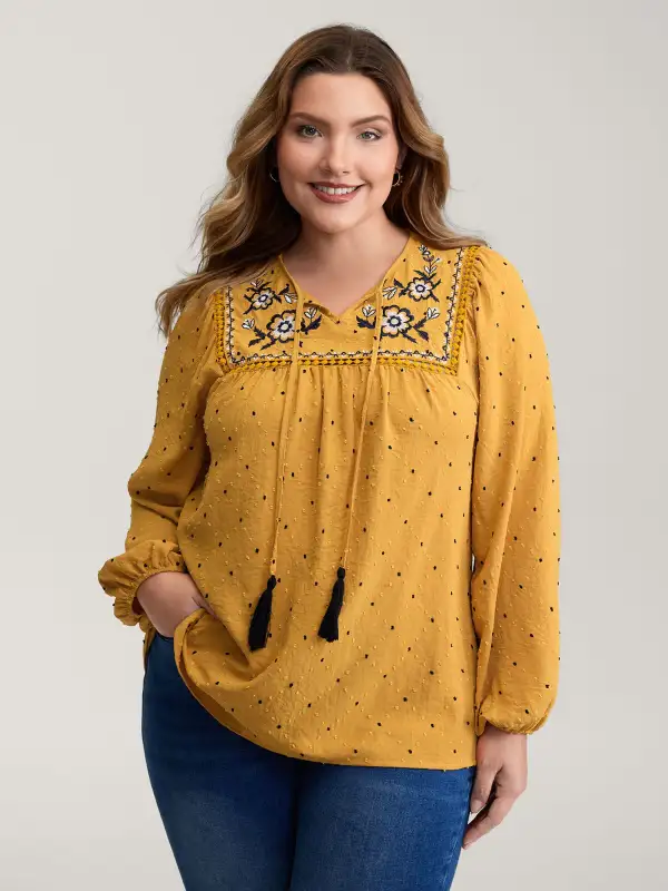 Textured Dot Embroidered Tassel Flowy Blouse