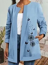 Women's Casual Lightweight Coat Open Front Work Print Geometric Comfortable Boho Vintage Regular Fit Long Sleeve With Pocket Outerwear Long Sleeve Fall Lake blue S