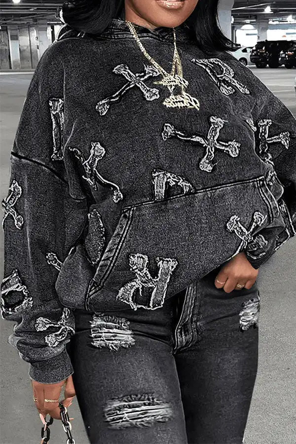 Imitation Denim Print Casual Pocket Hooded Pant Set
