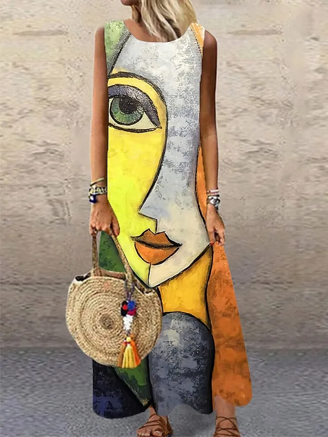 Women's Casual Dress Shift Dress Long Dress Maxi Dress Blue Purple Yellow Sleeveless Color Block Print Spring Summer Crew Neck Modern Daily Vacation Summer Dress Regular Fit 2023 S M L XL XXL 3XL