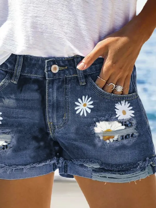 Floral Denim Short  Summer Loosen Denim shorts Bottoms
