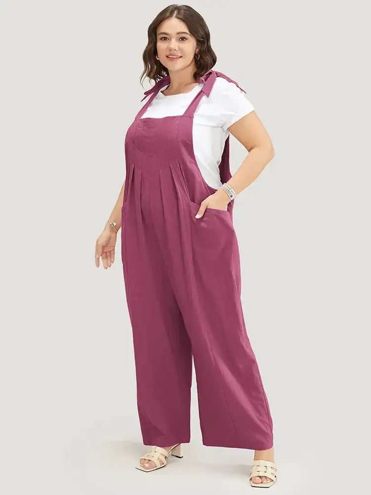 Solid Pleated Detail Pocket Knotted Shoulder Overall Jumpsuit