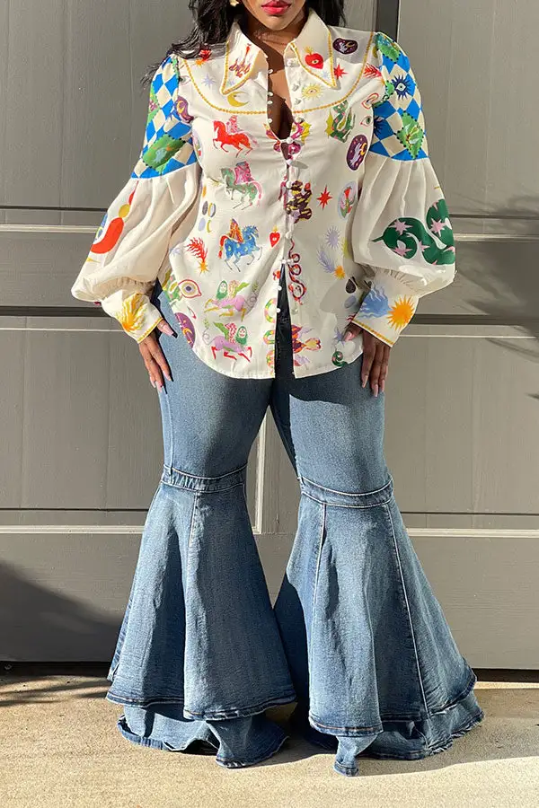 Animal Graffiti Print Retro Puff Sleeve Blouse