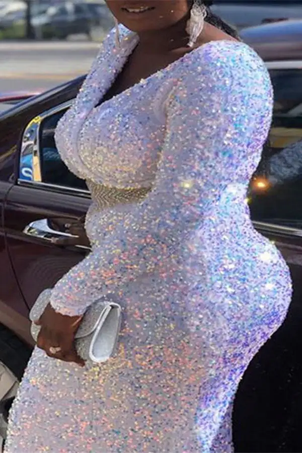 Sequined Sparkly Wrap V Neck Side Split Midi Dress