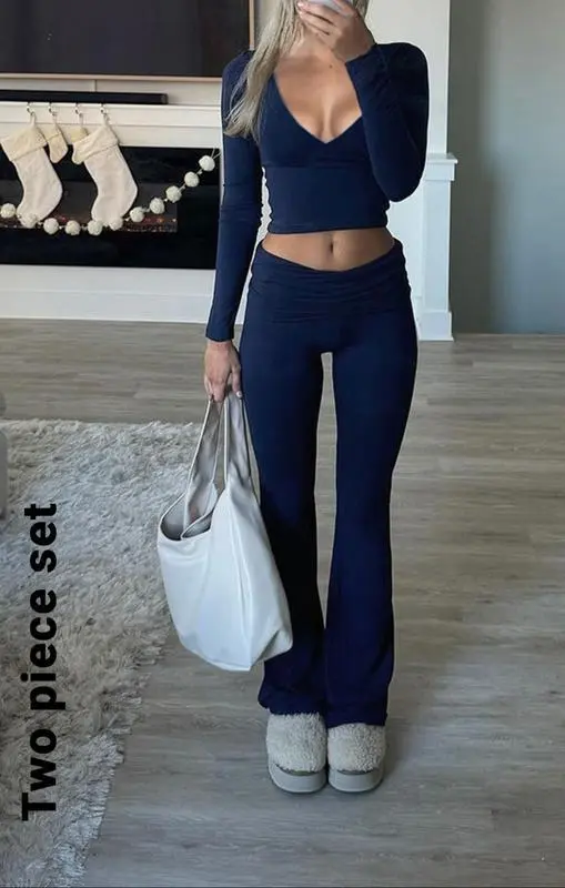 Fall/Winter Elegant 2-Piece Set: Slim-Fit V-Neck Long Sleeve Crop Top & Plain Pants