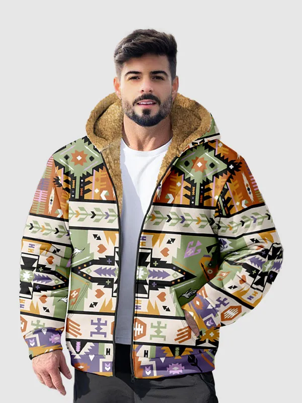 Men's Ethnic Fleece Zipper Retro Casual Printed Hoodie Jacket