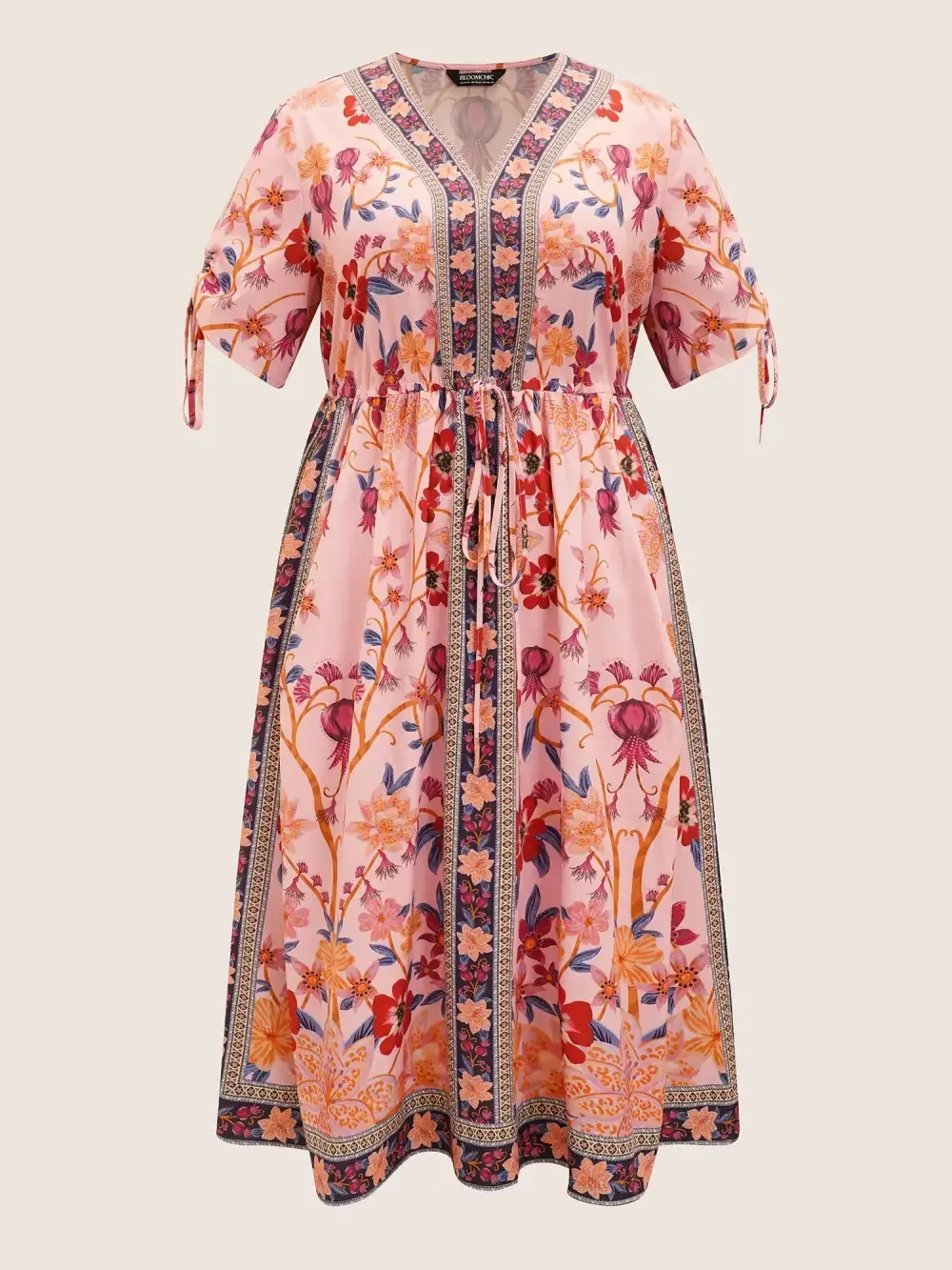 Boho Print V Neck Drawstring Dress