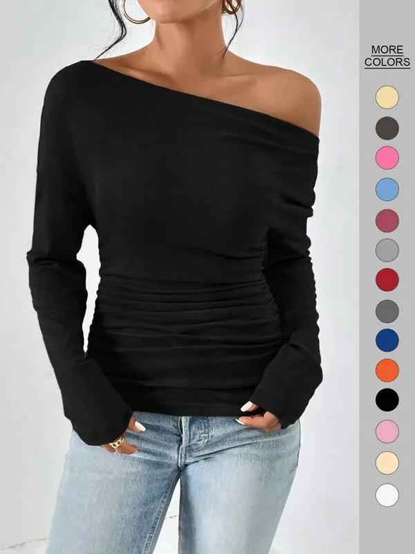 Women's Ruched Asymmetrical Neck Drop - Shoulder Tee
