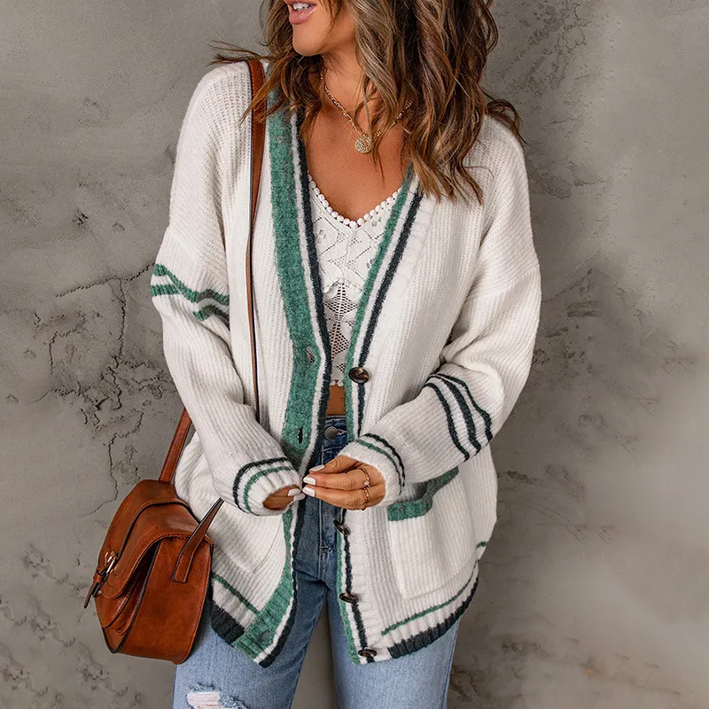 Fashionable Casual Contrast Stripe Sweater Cardigan