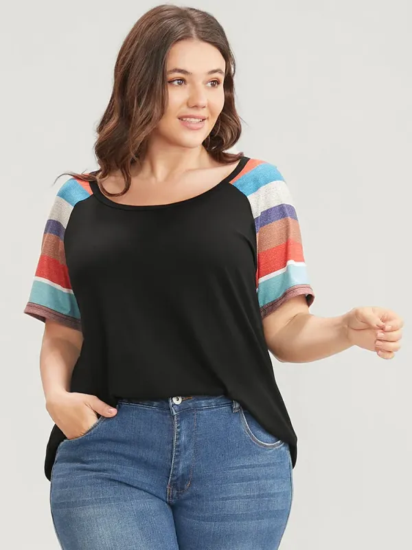 Striped Contrast Raglan Sleeve Round Neck T-shirt