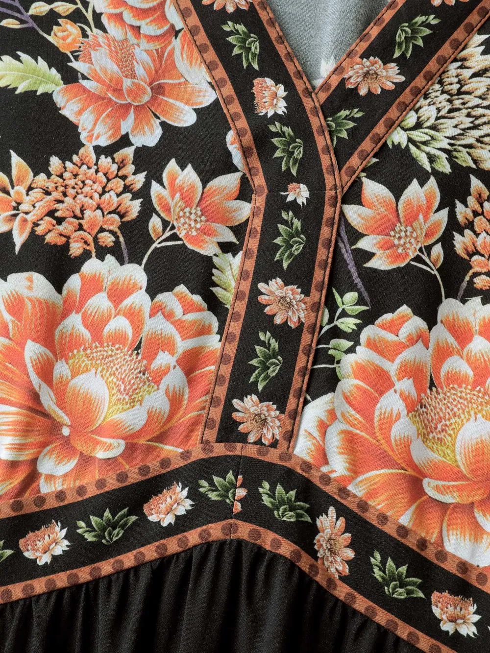 Rayon Floral Print Contrast V-Neck Midi Dress