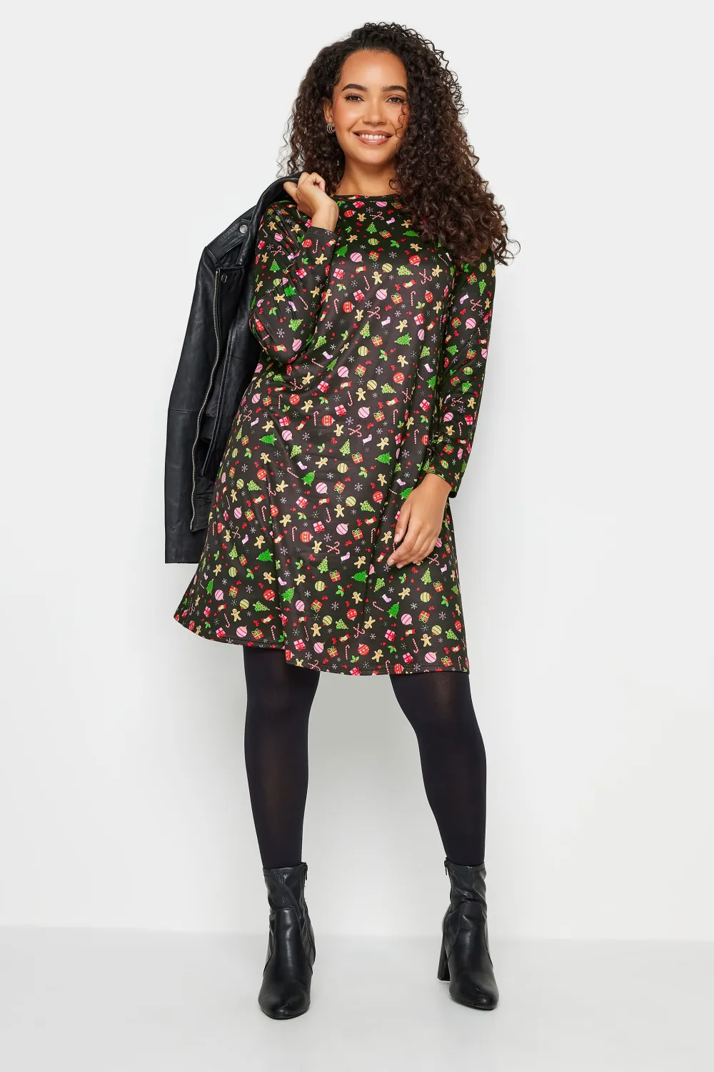 M&Co Black Candy Cane Print Christmas Dress