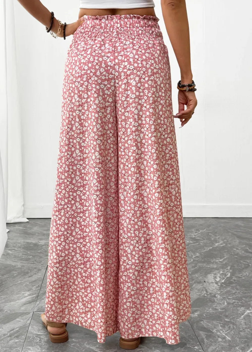 Pink Ditsy Floral Print Wide Leg Elastic Waist Pants