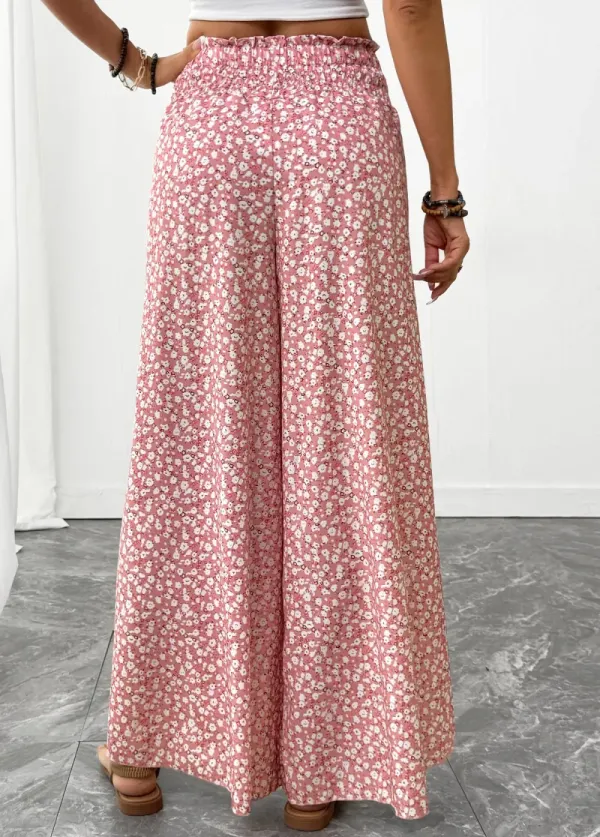 Pink Ditsy Floral Print Wide Leg Elastic Waist Pants
