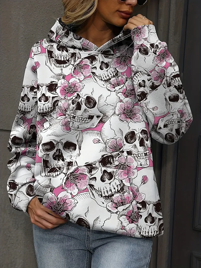 Women's Halloween Sweatshirt Pullover Active Sports Front Pocket Pink Blue Gray Floral Skull Halloween Casual Hoodie Long Sleeve Top Micro-elastic Fall & Winter