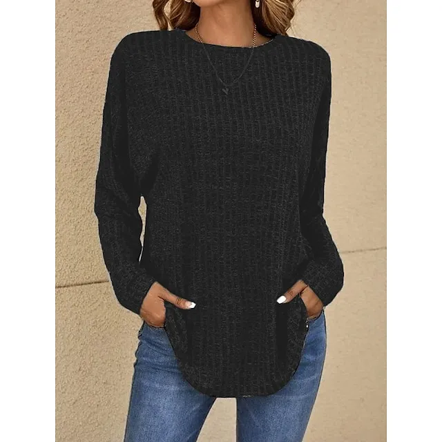 Women's T shirt Tee Grass Green Violets Black Plain Long Sleeve Daily Weekend Basic Round Neck Regular Fit Fall & Winter