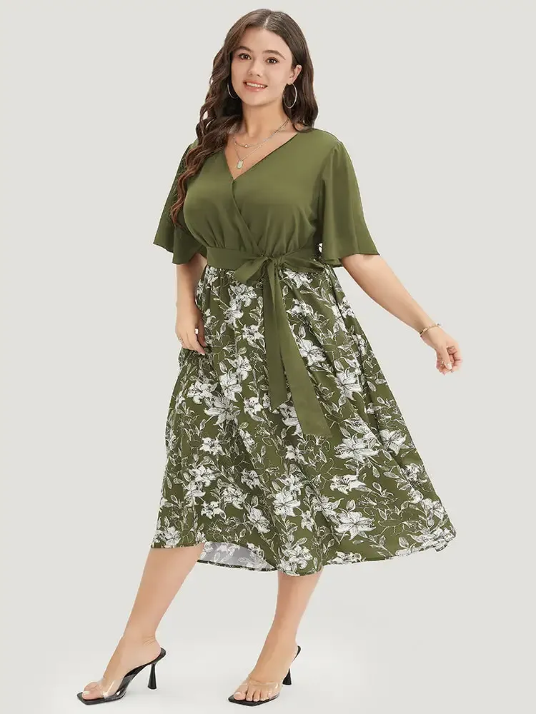 Floral Patchwork Pocket Belt Surplice Neck Ruffle Hem Dress