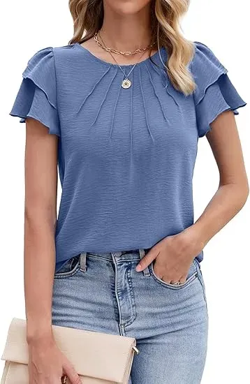 ✨Women’s Casual Blouses Ruffle Short Sleeve T Shirts Pleated Crew Neck Tops