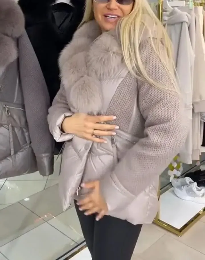 Down Jacket with Fur - trimmed Hood and Knitted Sleeves