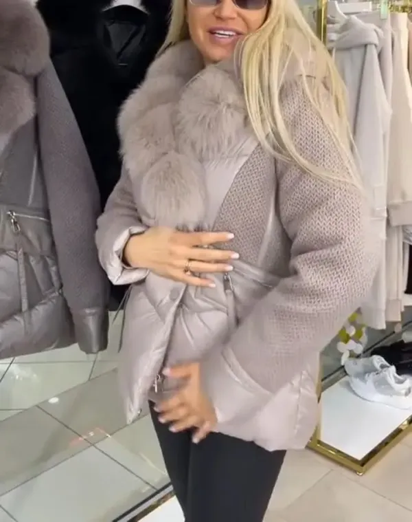 Down Jacket with Fur - trimmed Hood and Knitted Sleeves