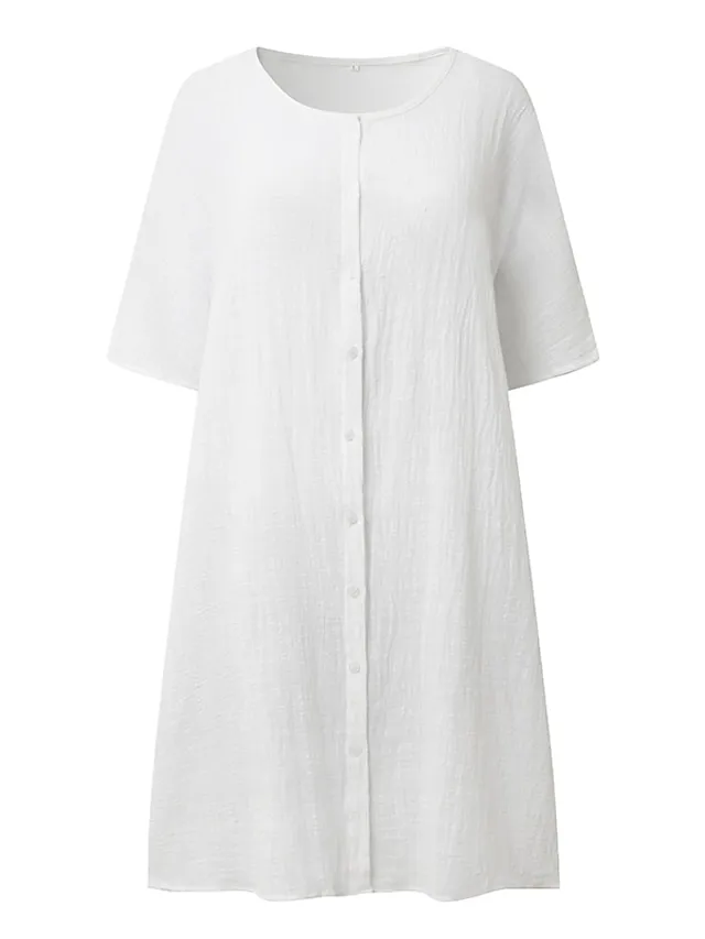 Women's Casual Dress Shirt Dress Cotton Linen Dress Mini Dress Blue Purple Pink Short Sleeve Pure Color Spring Summer V Neck Beach Basic Daily Weekend Loose Fit Linen S M L XL XXL 3XL