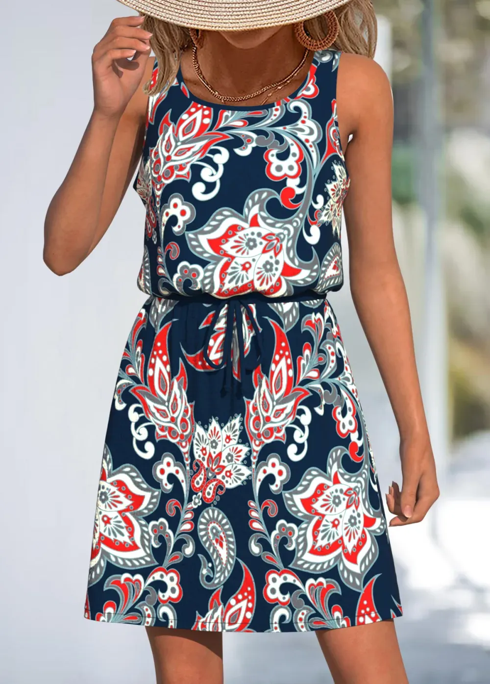 Navy Lace Up Paisley Print Short Strappy Dress