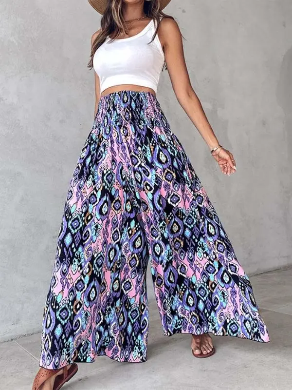 Women's Shirred Waist Wide Leg Pants – Casual High Waist Trousers for Daily & Vacation Wear