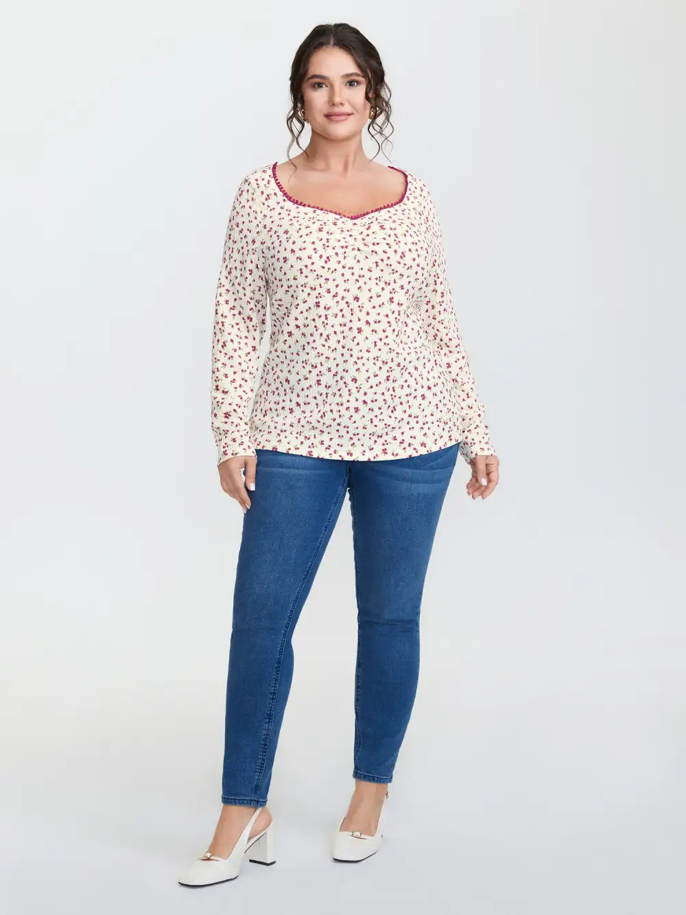 Cherry Print Pleated Stretchy T-Shirt