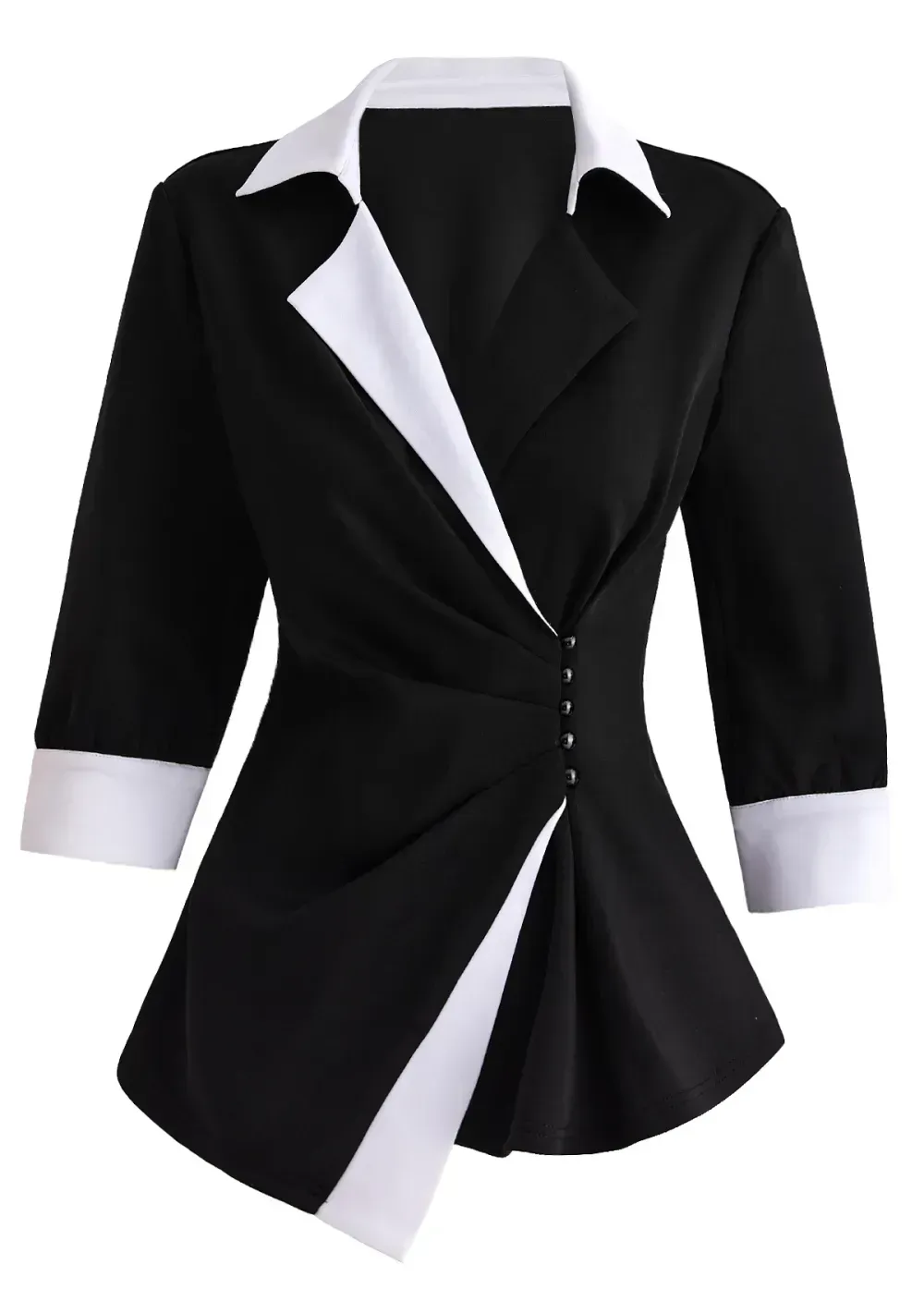 Black Button 3/4 Sleeve Lapel Blouse