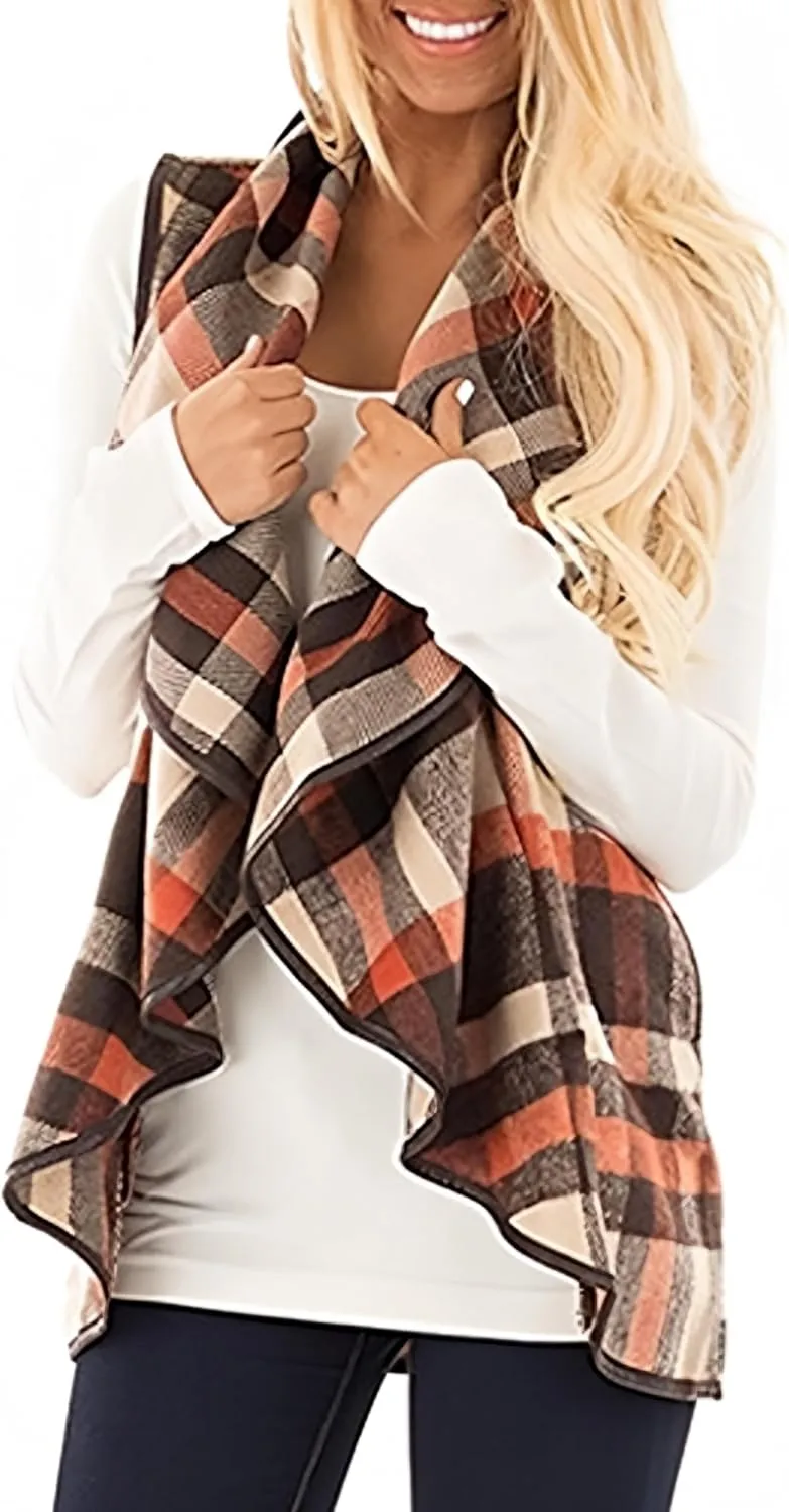 Womens Buffalo Plaid Vest Casual Lapel Open Front Sleeveless Cardigan Jacket Coat with Pockets
