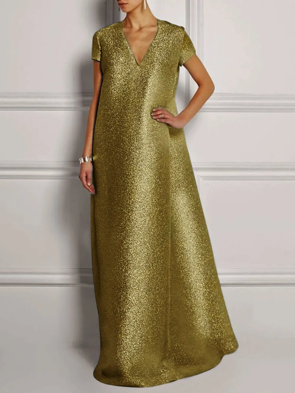 Solid Silver Shift Glitter-finished Elegant Prom Maxi Dress