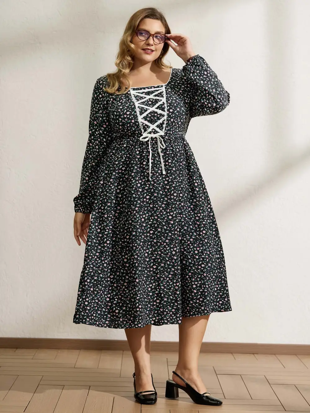 Micro Floral Print Adjustable Drawstring Maxi Dress