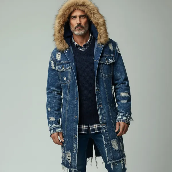 Men's Blue Ripped Raw Edge Long Sleeve Button Furry Hooded Denim Coat
