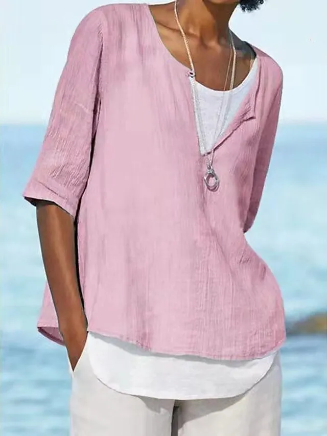 Women's Shirt Blouse Plain Black White Pink Half Sleeve Holiday Casual Beach V Neck Regular Fit