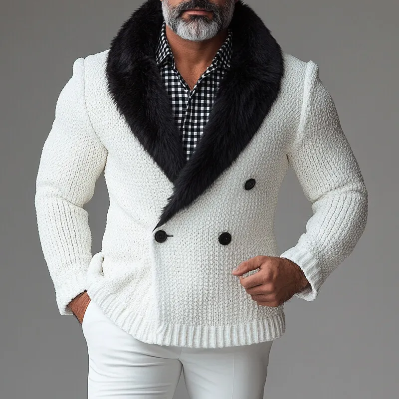 Men's Knit Plush Shawl Lapel Double Breasted Long Sleeve Jacket
