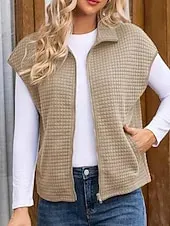 Women's Sweater Sweater Vest Streetwear Casual Solid Color Shirt Collar Zipper Pocket Knitted Sleeveless Regular Tops Knit Daily Holiday Going out Black White Fall Winter