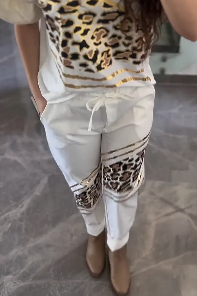 Women's leopard print V-neck top and leopard print two-piece suit