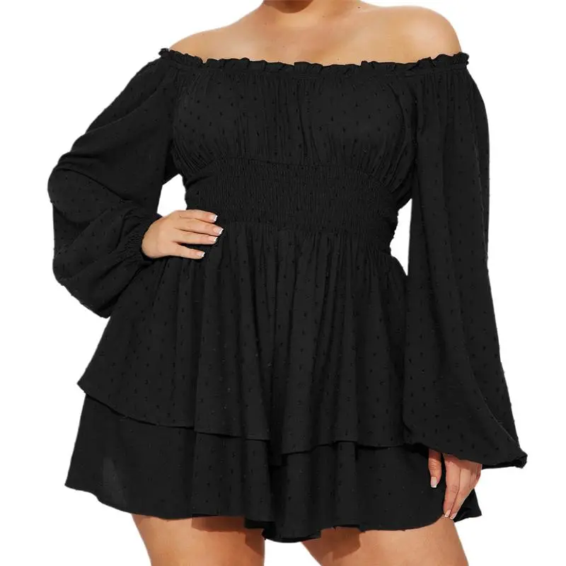 Women Plus Size Rompers Playsuits, Swiss Dot Boat Neck Off Shoulder Long Sleeve, Spring Fall Short Jumpsuits Streetwear