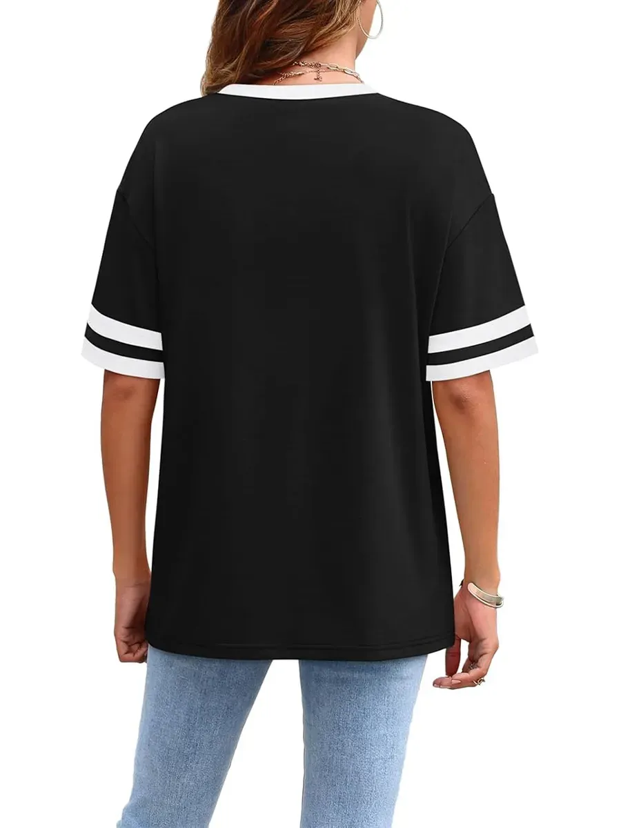 ✨ Women's Oversized Crew Neck Colorblock Striped Sleeve T-shirt