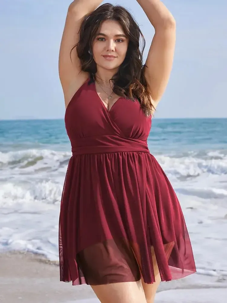 Sculpt Waist Ruched Split Hem Swim Dress