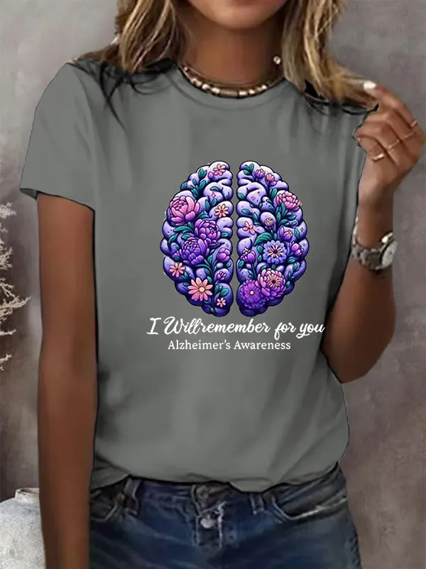 Women'S Alzheimer'S Awareness I Will Remember For You Floral Printed Short Sleeve T-Shirt