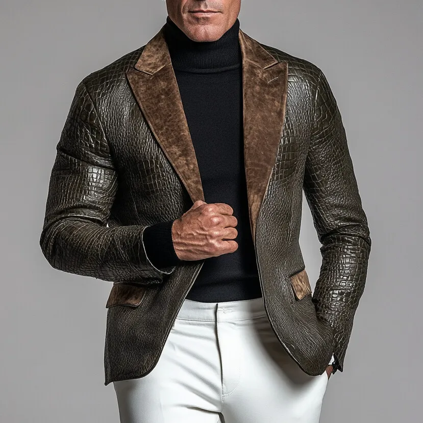 Men's Retro Peak Lapel Patchwork Alligator Pattern PU Leather Blazer
