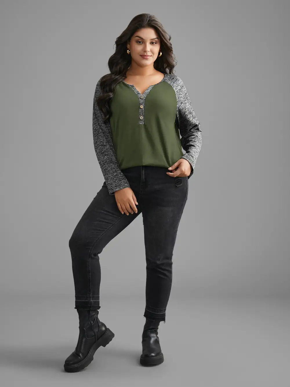 Heather Patchwork Button Detail Stretchy T-Shirt