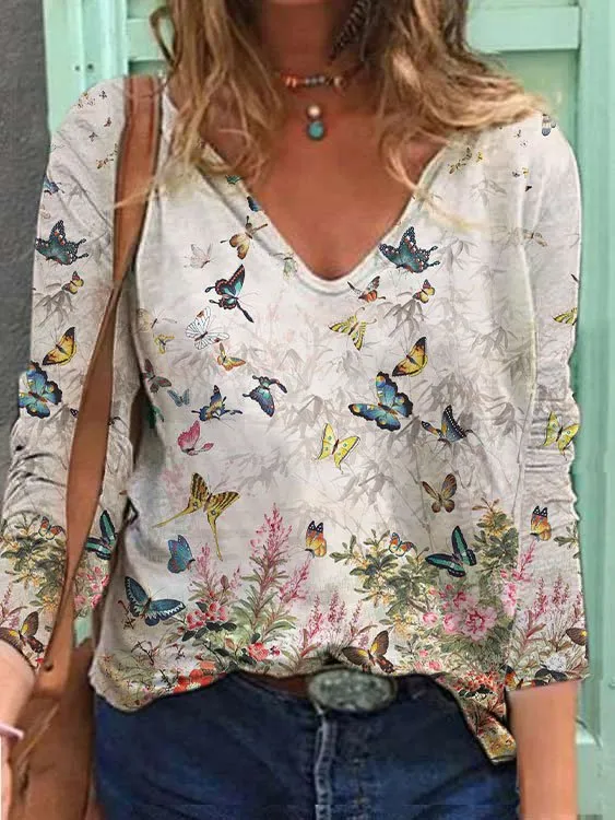 Women's Butterfly Floral Print V-Neck Long Sleeve T-Shirt