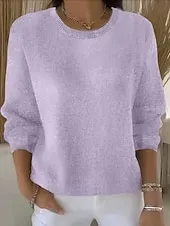 Women's Sweater Fashion Streetwear Casual Pure Color Ribbed Crew Neck Knitted Long Sleeve Regular Tops Knit Outdoor Daily Weekend Yellow Pink Fall Winter