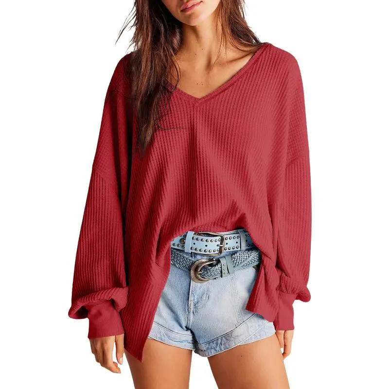 Women's Waffle Knit Top – V-Neck Oversized Lantern Sleeve Blouse