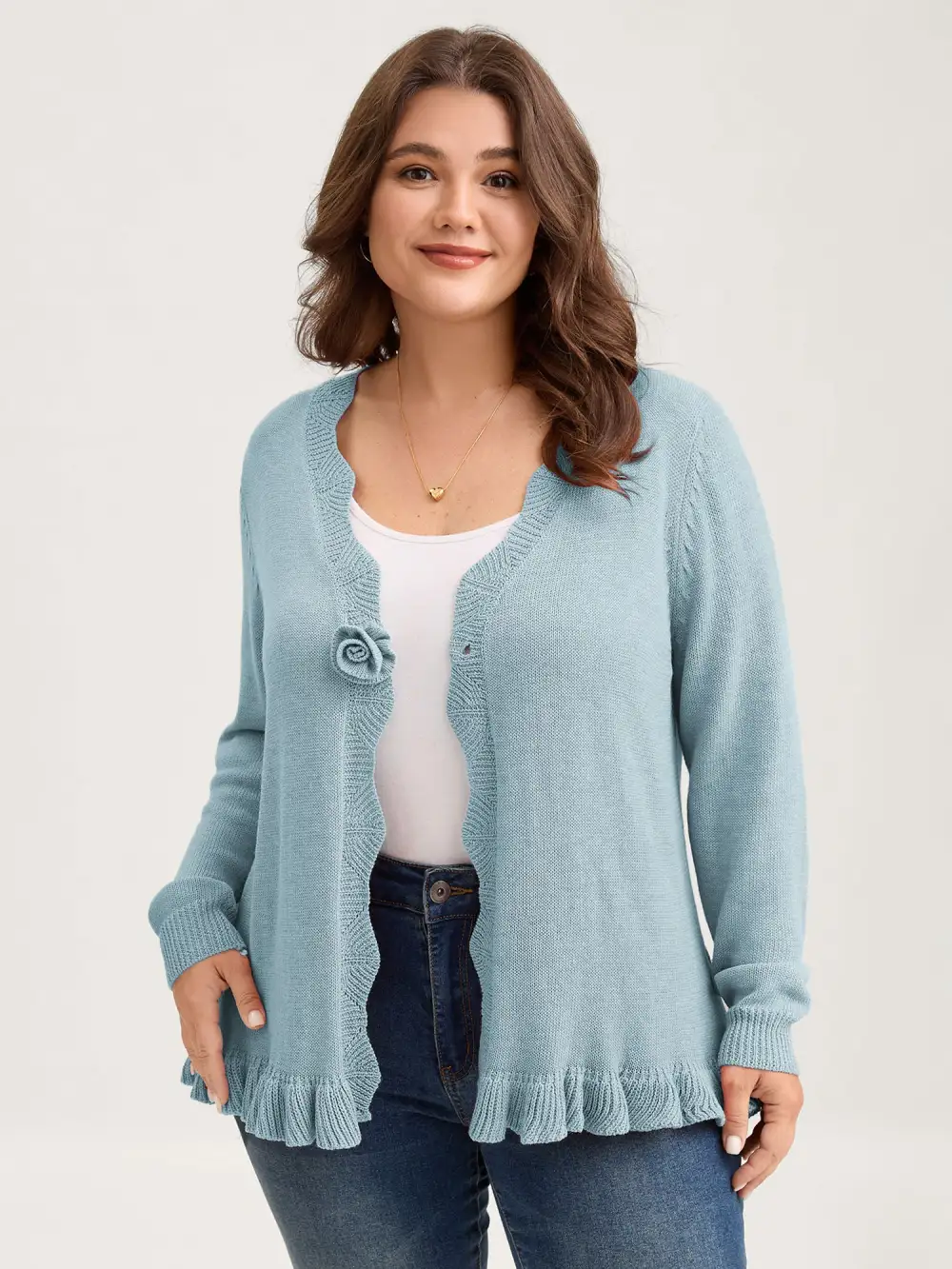 Supersoft Textured Floral Button Ruffled Hem Knit Cardigan