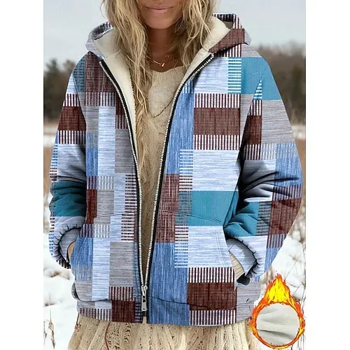 Women's Winter Coat Fleece Jacket Casual Jacket Warm Zipper Pocket Print Fashion Casual Floral Street Casual Regular Hoodie Loose Fit Long Sleeve Outerwear Blue Purple Green Spring Fall